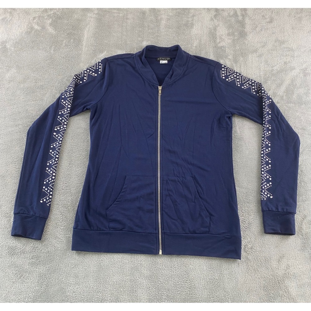 Venus Womens Navy Blue Rhinestone Embellished Zip Up Bomber Jacket Small